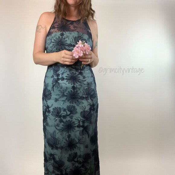 JS Collections | Carter Halter Column Gown in Oxford Blue | 8 - Picture 1 of 6